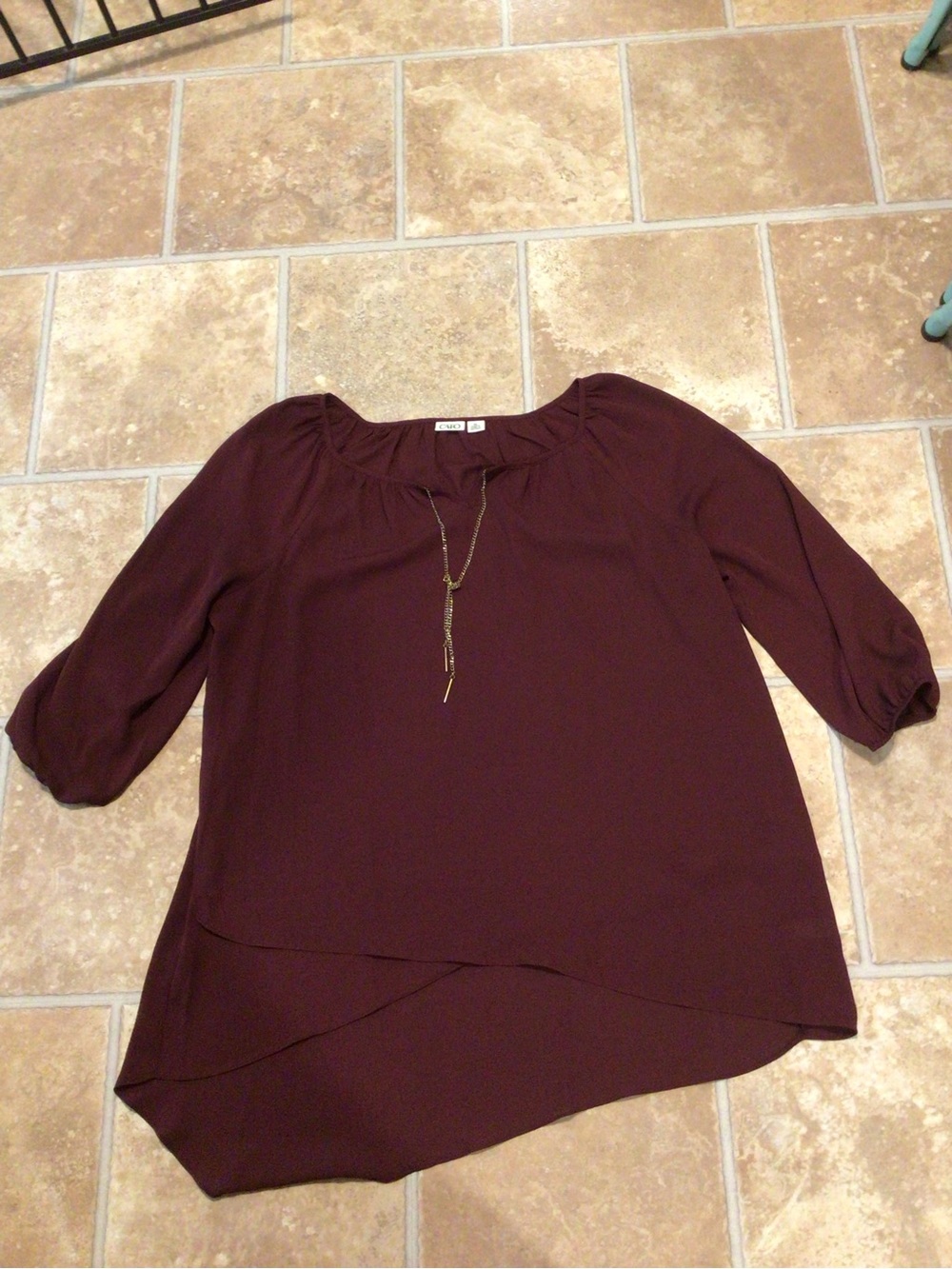 Cato Burgundy Asymmetric 3/4 Sleeve Blouse
